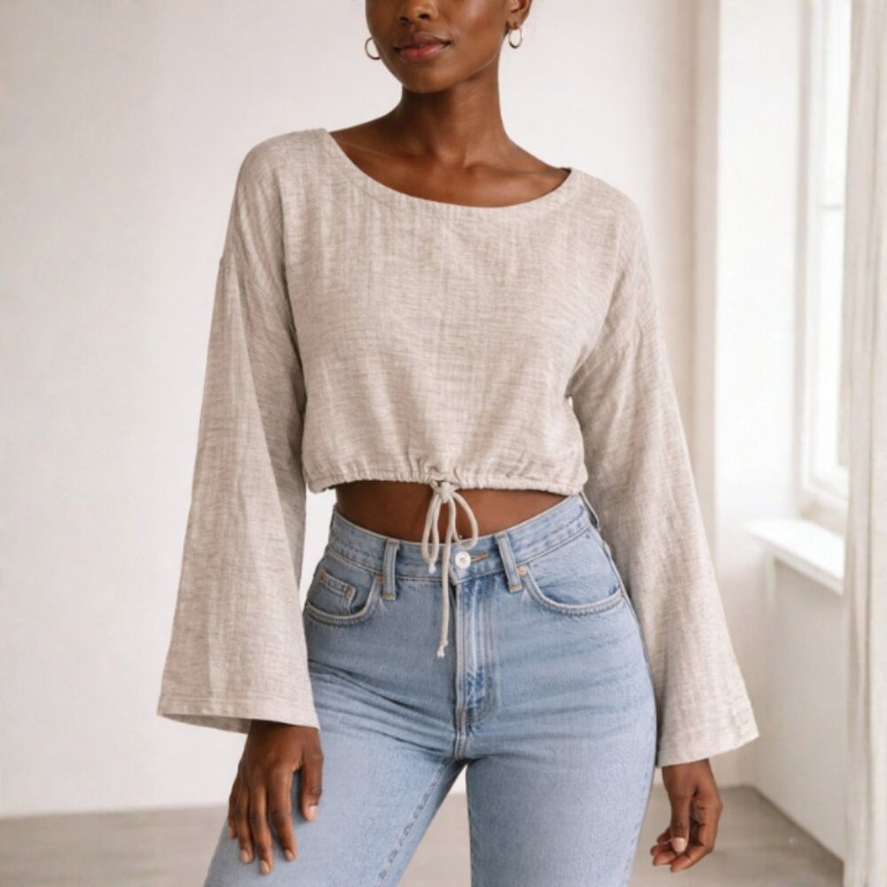 Tan Beige Cropped Boxy Long-Sleeve 100% Cotton Top with Drawstring, Llangollen